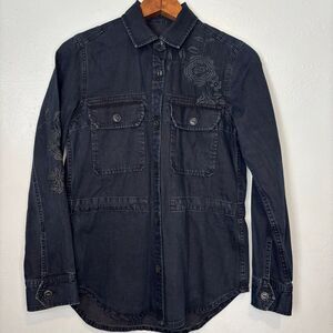 Gap Women's XS Black Denim Coat Embroidered Button Up‎ Long Grunge Jacket Whimsy
